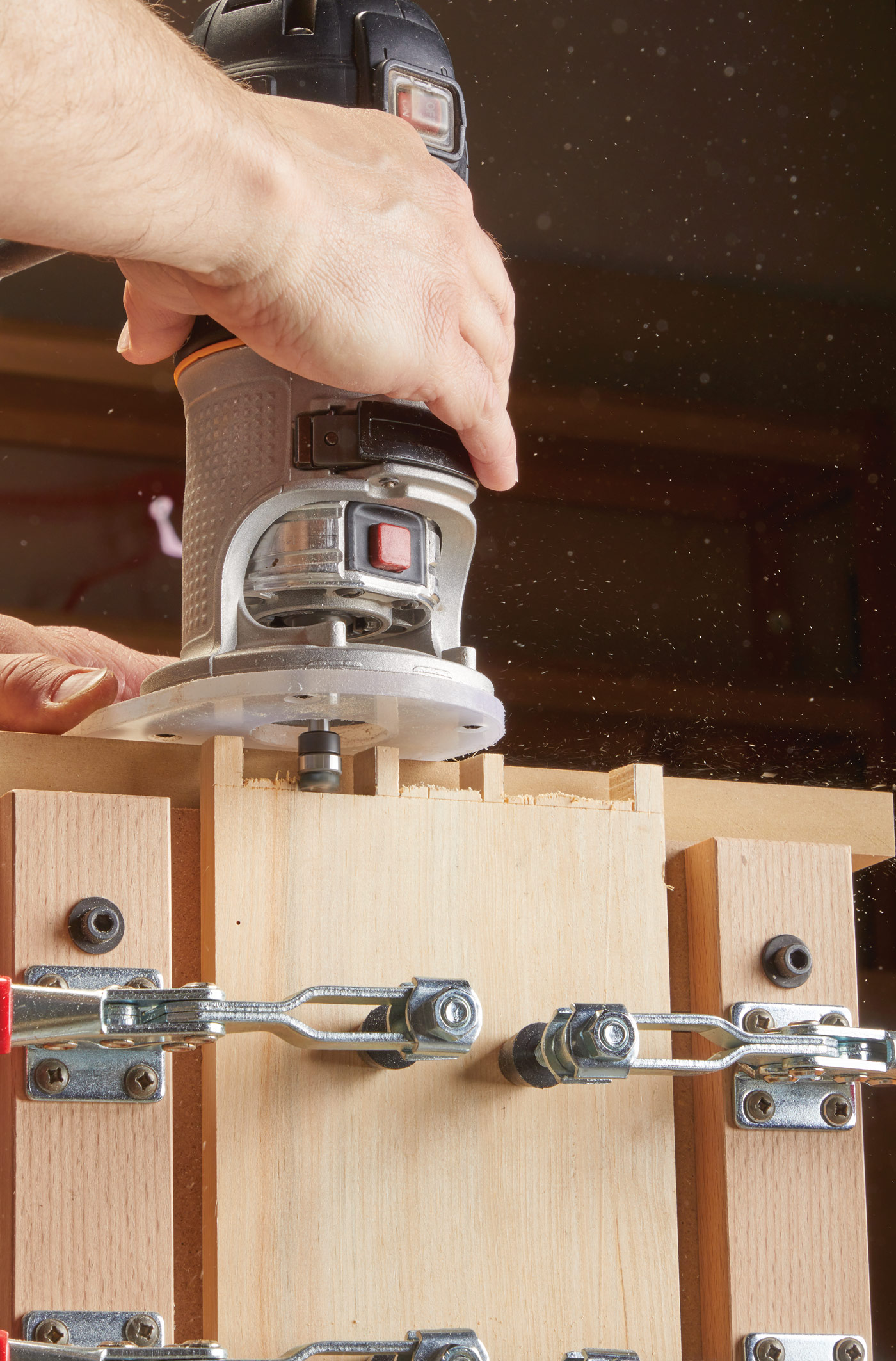 Image of mortise setup being used to cut out dovetails 