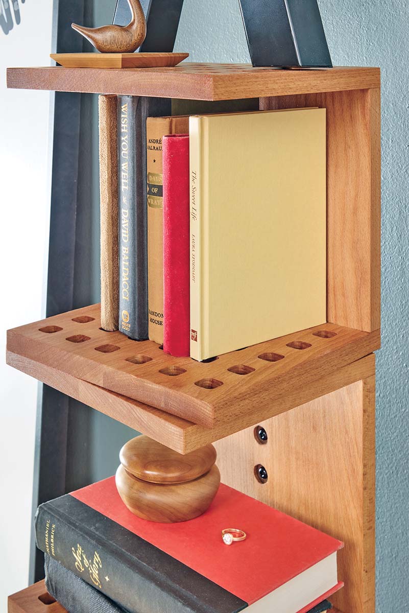 close up of beveled book shelf