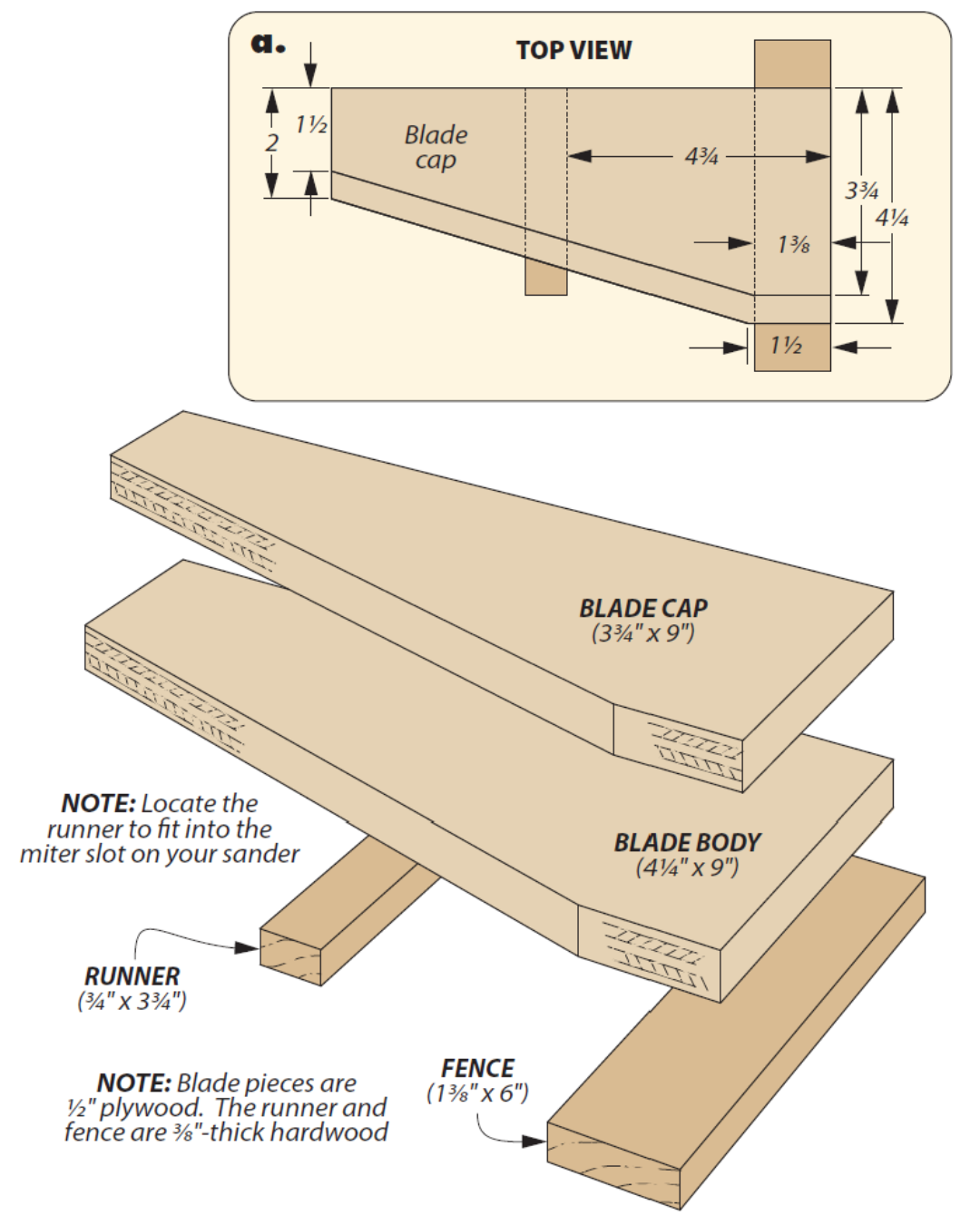 diagram of how to assemble a sander fence made up of wood pieces