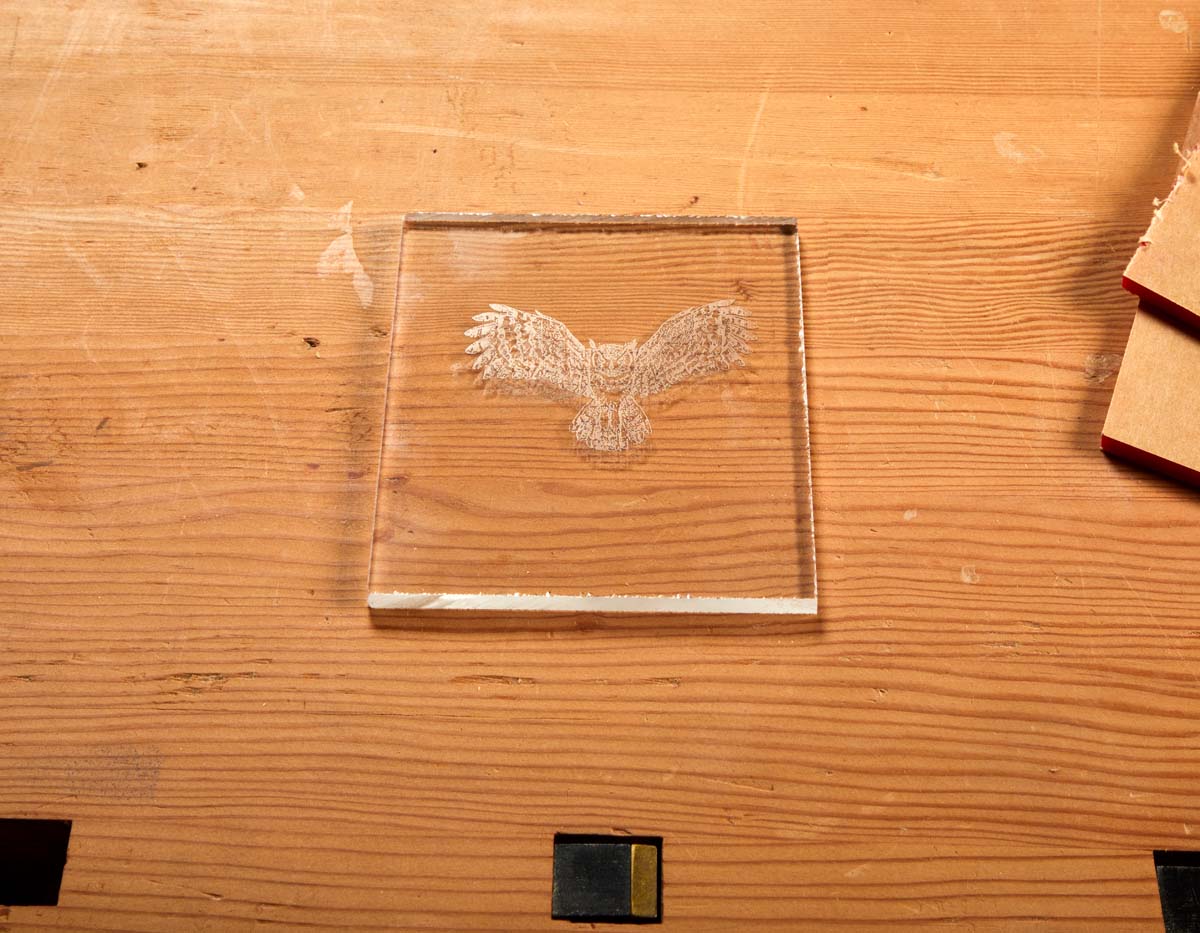 owl midflight engraved in clear acrylic