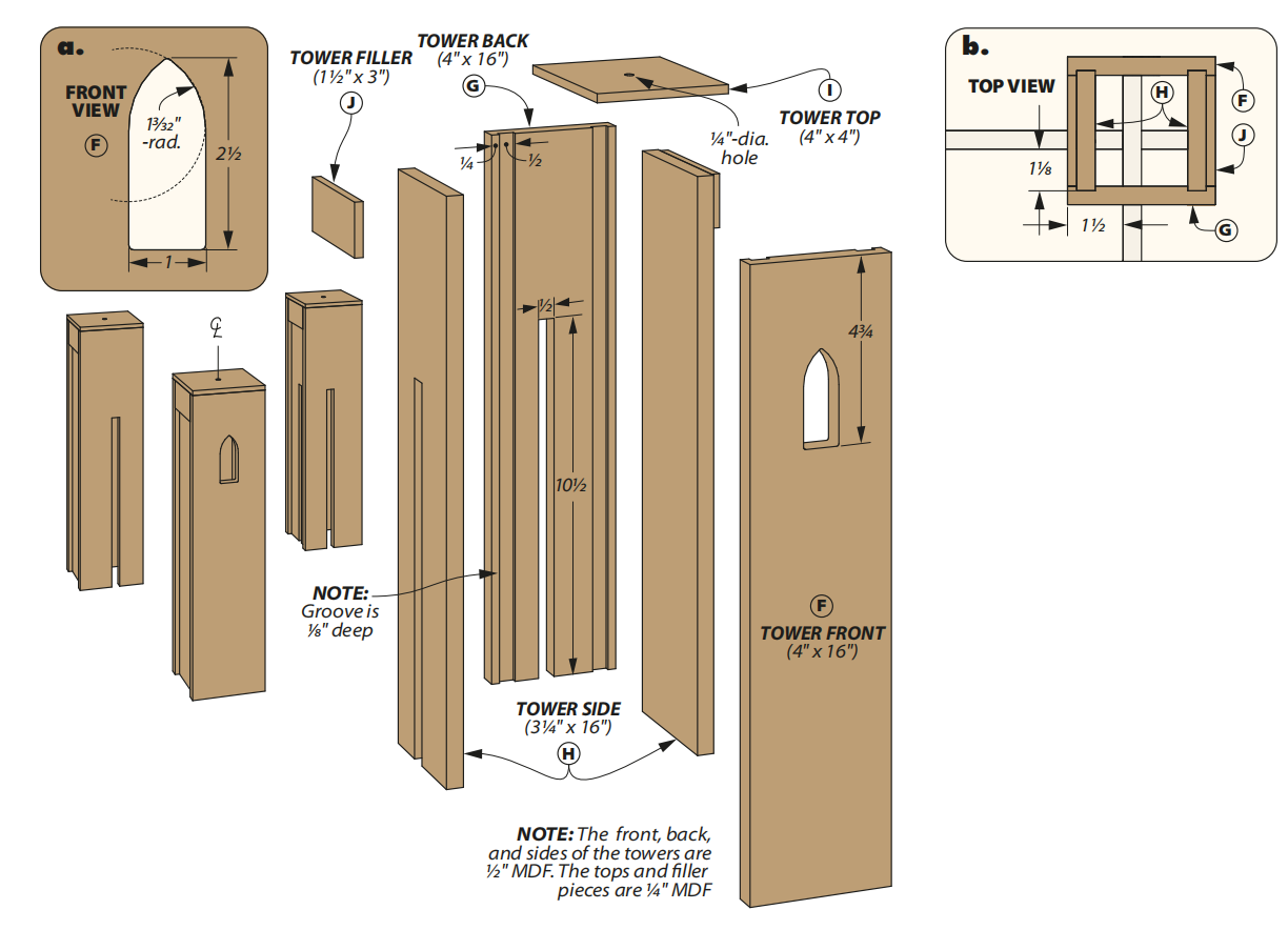 exploded view diagram for assembling the towers of cat castle