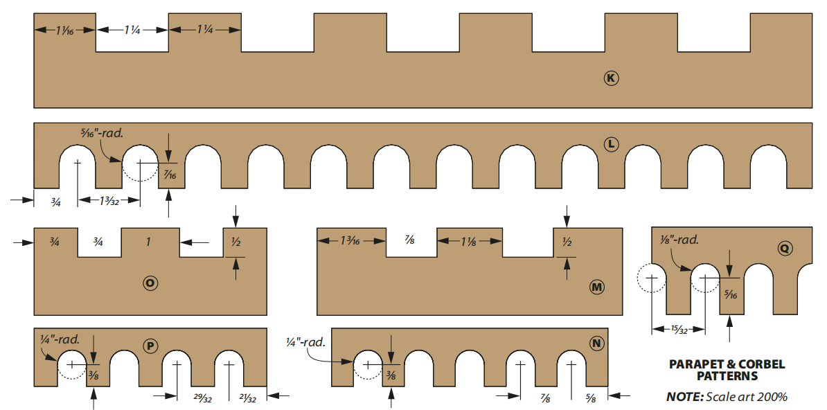 diagram shows cut pattern for parapets and corbels