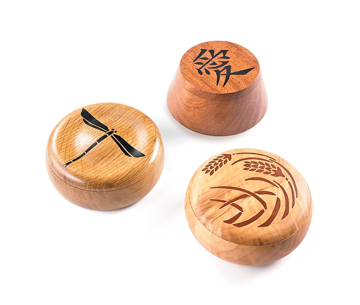 3 turned wood boxes with different inlay patterns including dragonfly, wheat, and the kanji symbol for "love"