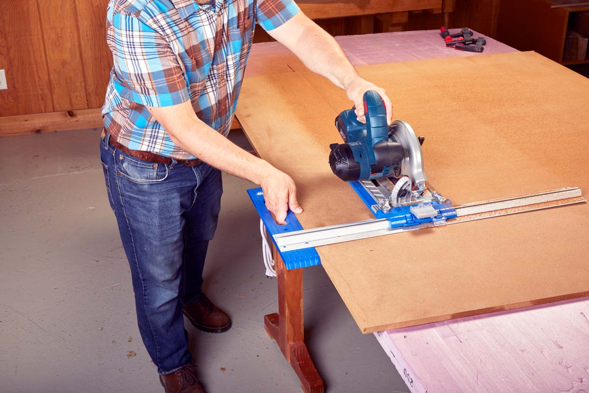 image shows to secure end of Kreg Rip Cut fence on edge of panel