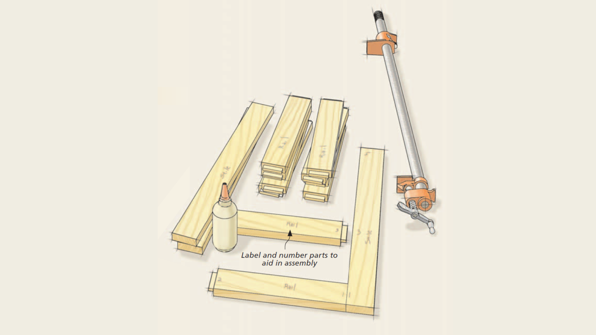 Illustrations showing parts seperated into stack and labled accordingly