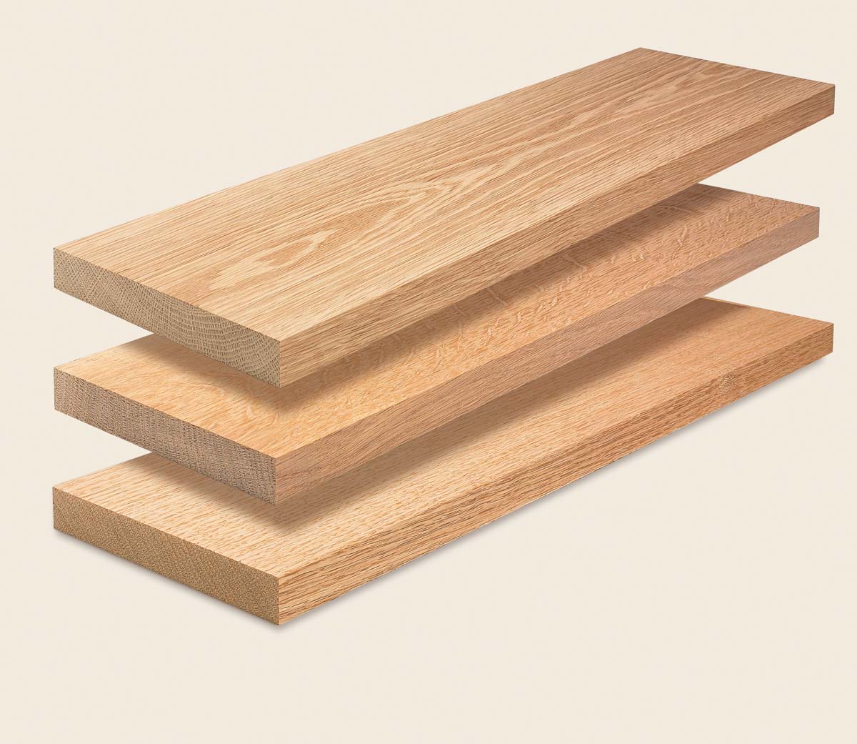 cuts of plainsawn white oak, quartersawn white oak, riftsawn red oak