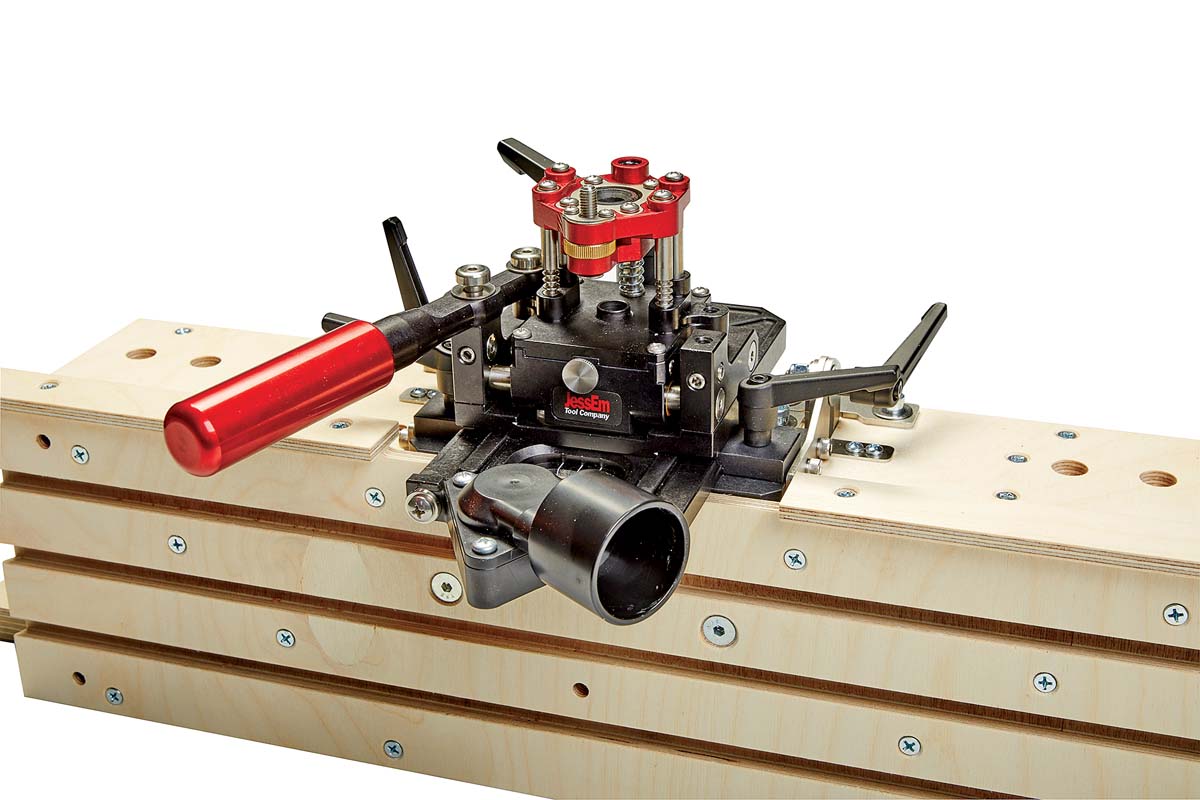 JessEm Pocket Mill Pro with parts labeled like drill guide ratcheting handle, ange lock, carriage lock, dust collection port