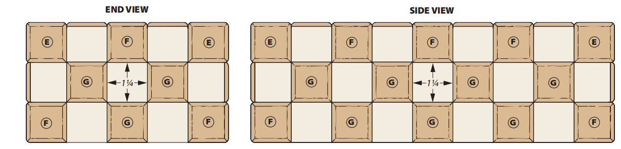 diagrams of end view and side view of tiled box