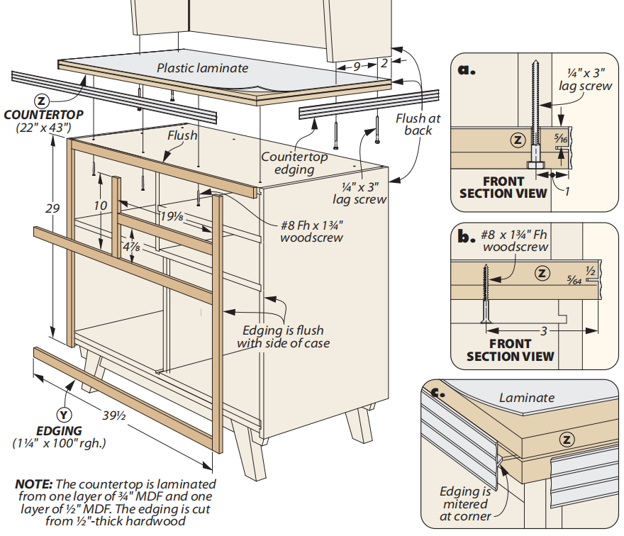 diagram for setitng up the trim and counter for the cabinet