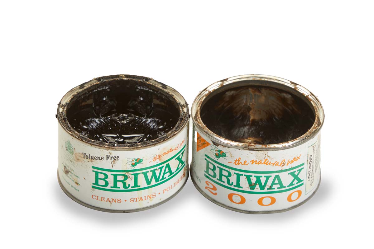 2 open Briwax 2000 tin cans for cleaning, staining, polishing