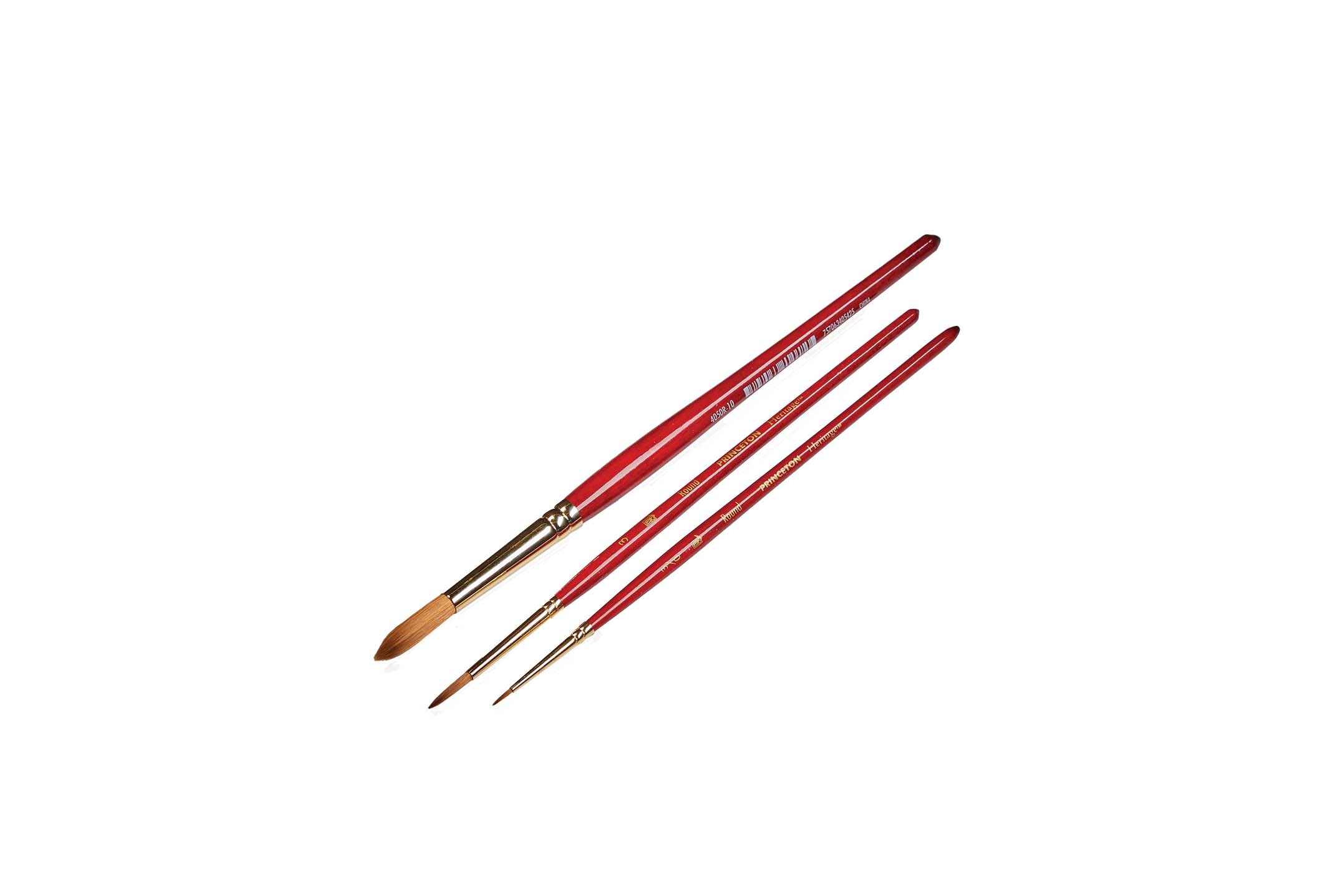 Three red, round wood brushes of various sizes