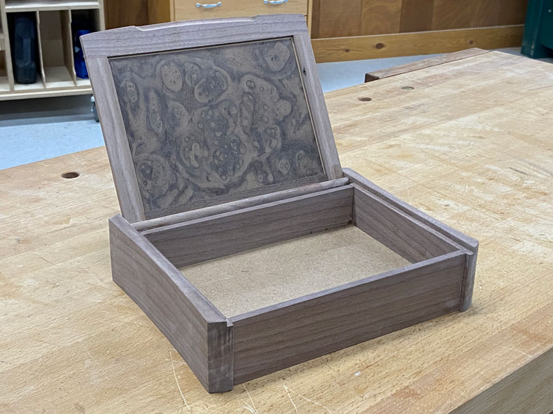 Walnut box with lid open