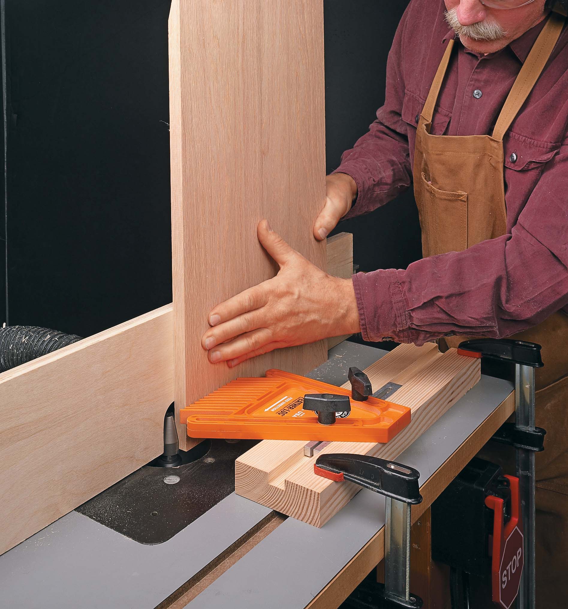 router table setup using tall fence and featherboard