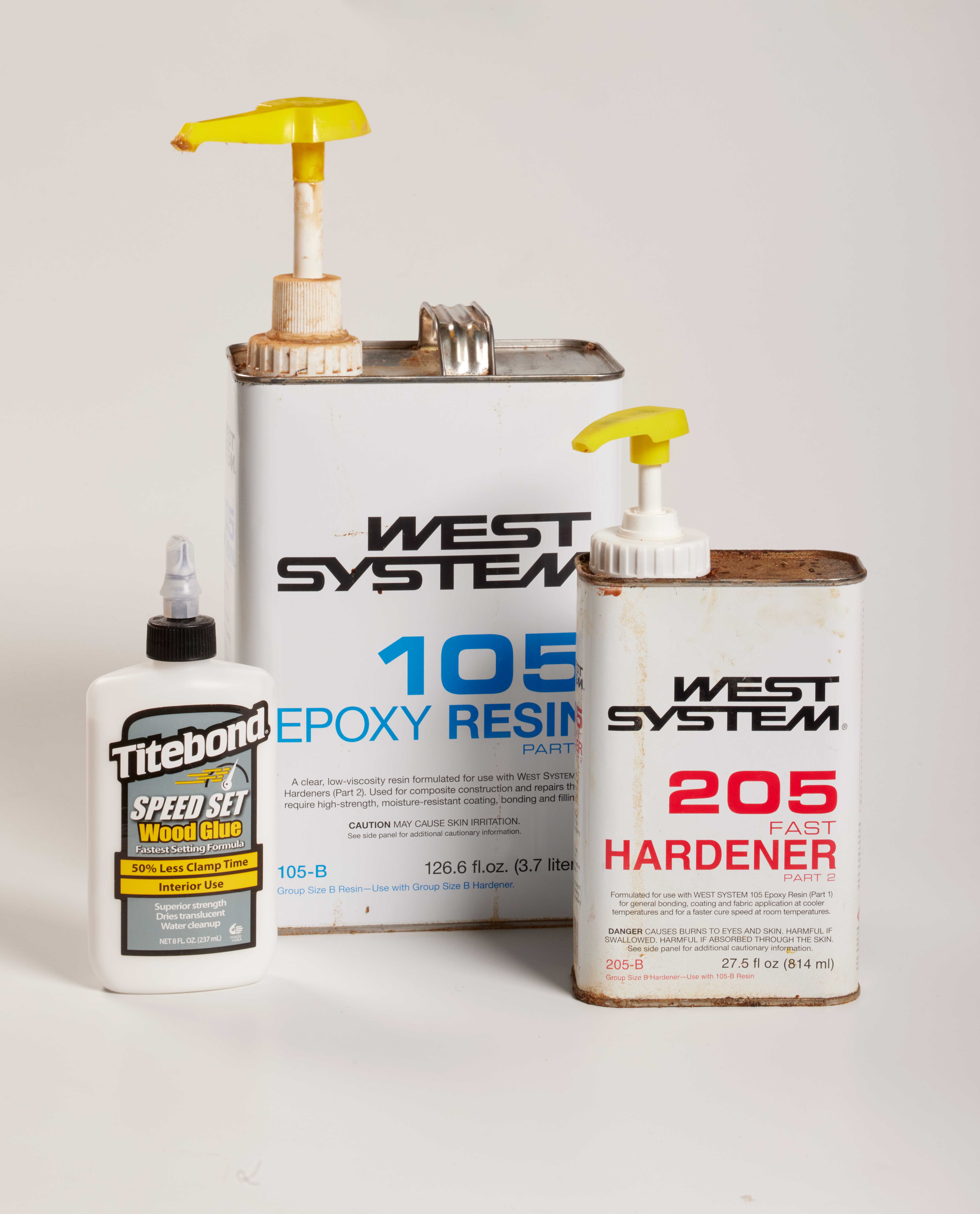 Image shows west system epoxy resin and west system hardner and titebound wood glue