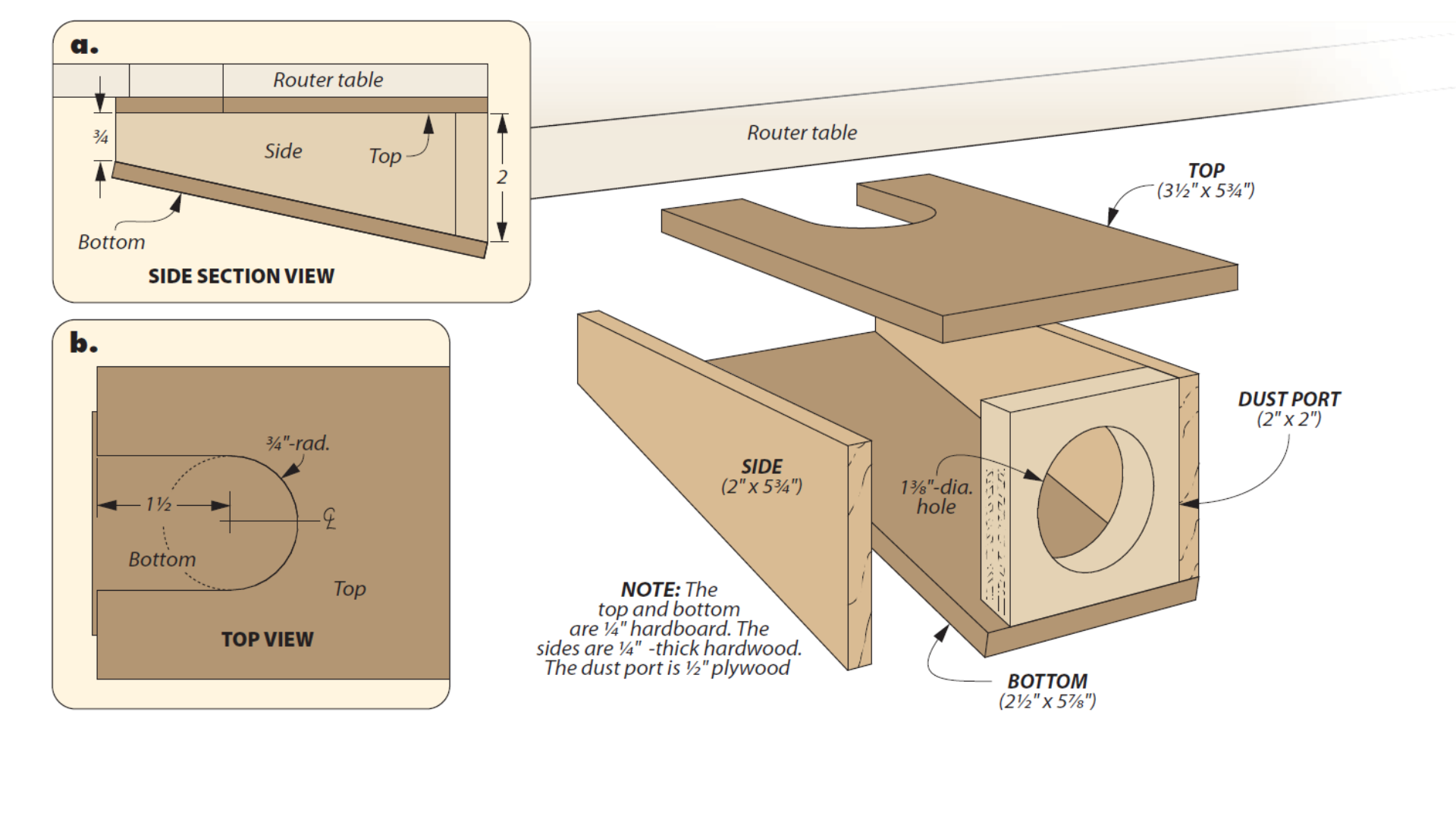 Image is exploded view diagram of dust port and hose setup to connect to router table
