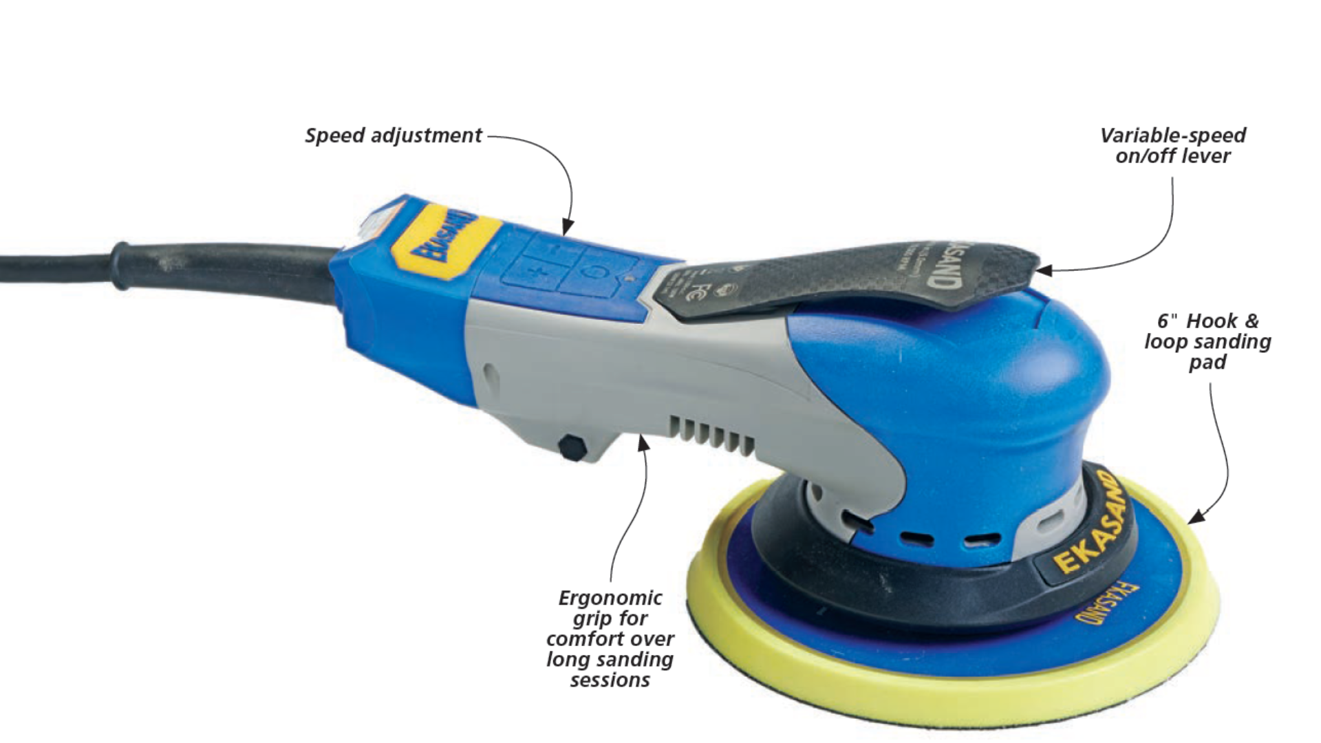 Uneeda Ekasand Random 6 inch Orbit Sander with lables pointing out buttons, grip, on/off lever, 6 inch sanding pad