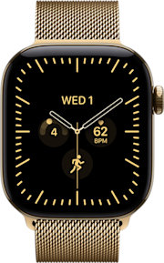 De voorkant van de glans gouden Apple Watch Series 12 met gouden bandje