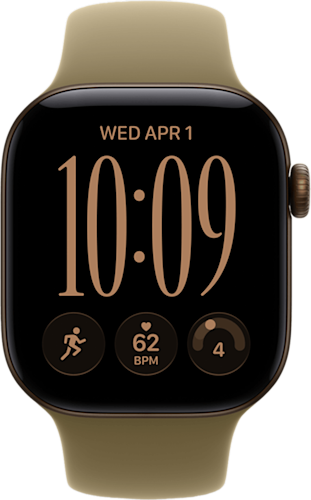 De voorkant van de bronzen Apple Watch Series 12 met olijfgroen bandje