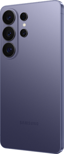 Achterkant van de donkerpaarse Samsung Galaxy S26 Ultra, rechtsom gedraaid