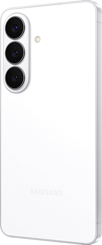 Achterkant van de witte Samsung Galaxy S26, rechtsom gedraaid