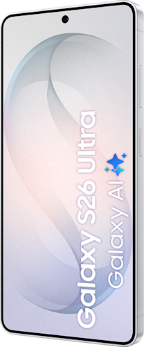 Voorkant van de witte Samsung Galaxy S26 Ultra, linksom gedraaid