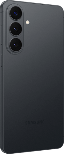 Achterkant van de zwarte Samsung Galaxy S26 plus, linksom gedraaid