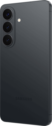 Achterkant van de zwarte Samsung Galaxy S26, rechtsom gedraaid