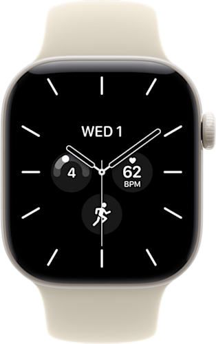 De voorkant van de witte Apple Watch Series 12 met wit bandje