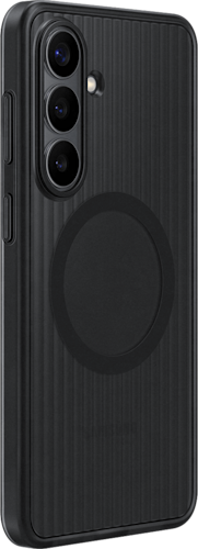 Achterkant van de zwarte rugged magnet case voor de S26+, zichtbaar vanaf de zijkant