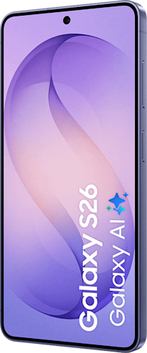 Voorkant van de donkerpaarse Samsung Galaxy S26, linksom gedraaid