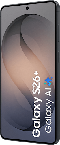 Voorkant van de zwarte Samsung Galaxy S26 plus, rechtsom gedraaid