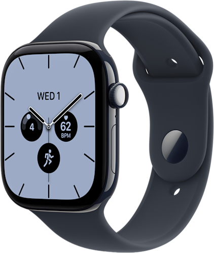 De zijkant van de blauwe Apple Watch Series 12 met blauw bandje