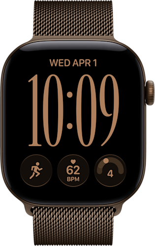 De voorkant van de bronzen Apple Watch Series 12 met bronzen bandje