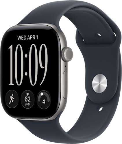 De zijkant van de Apple Watch Series 12 met blauw bandje