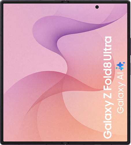 Het opengevouwen scherm van de paarse Galaxy Z fold8 Ultra