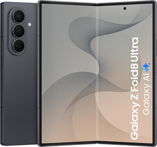 De achterkant en opgeklapte zwarte Samsung Galaxy Z Fold8 Ultra