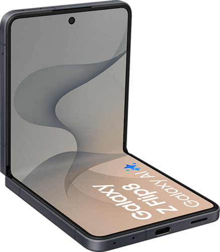 Het zijaanzicht van de voorkant van de zwarte Samsung Galaxy Z Flip8