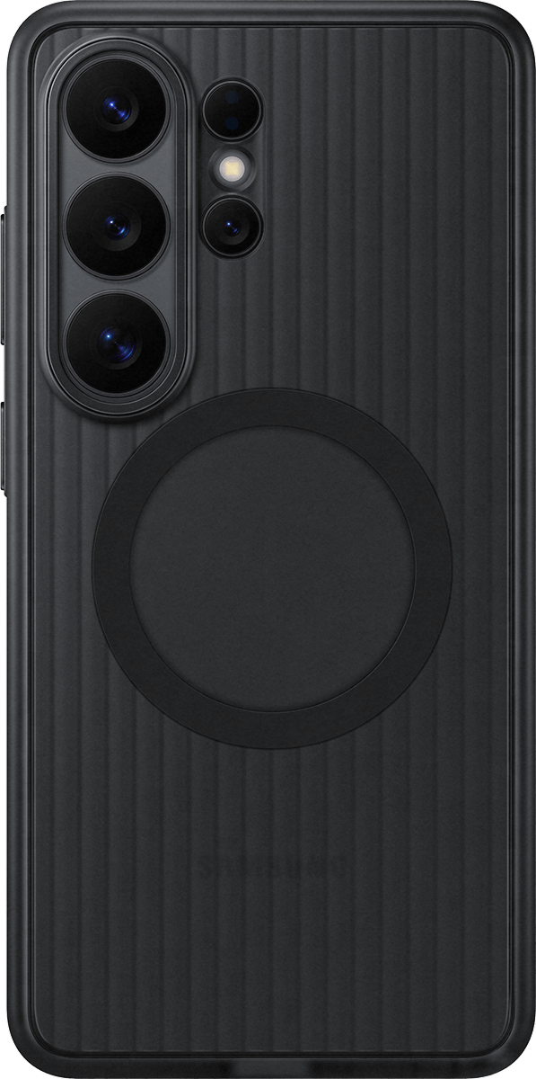 Achterkant van de zwarte rugged magnet case voor de S26 Ultra