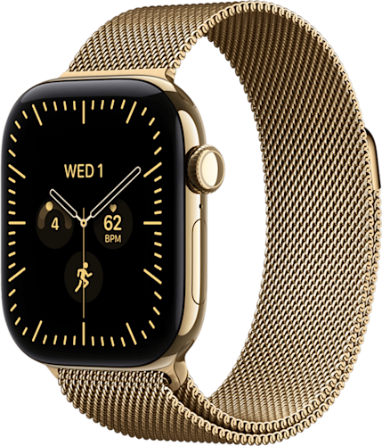 De zijkant van de glans gouden Apple Watch Series 12 met gouden bandje
