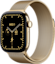 De zijkant van de glans gouden Apple Watch Series 12 met gouden bandje