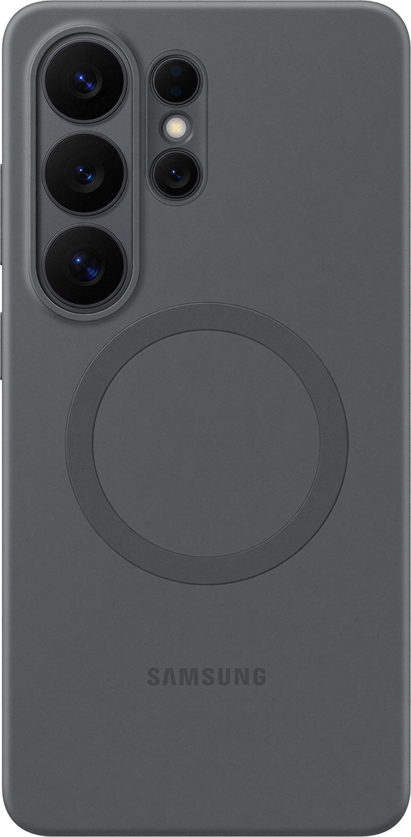 Achterkant van de zwarte silicone magnet case voor de S26 Ultra