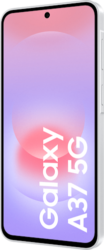 Voorkant van de witte Samsung Galaxy A37, linksom gedraaid