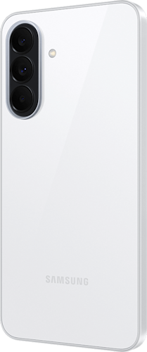 Achterkant van de witte Samsung Galaxy A37, rechtsom gedraaid