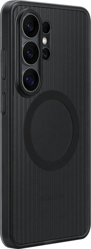 Achterkant van de zwarte rugged magnet case voor de S26 Ultra, zichtbaar vanaf de zijkant