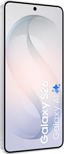 Voorkant van de witte Samsung Galaxy S26, rechtsom gedraaid