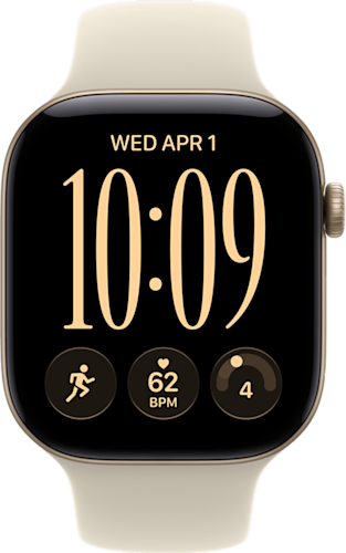 De voorkant van de mat gouden Apple Watch Series 12 met beige bandje