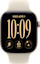 De voorkant van de mat gouden Apple Watch Series 12 met beige bandje