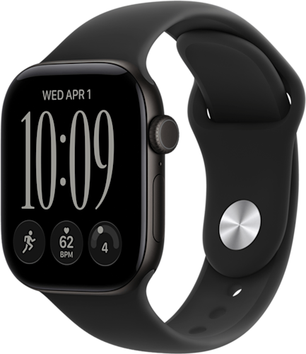 De zijkant van de zwarte Apple Watch Series 12 met zwart bandje