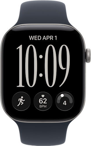 De voorkant van de grijze Apple Watch Series 12 met blauw bandje