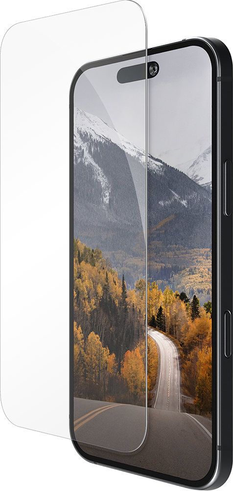 De Eco Protect screenprotector en voorkant van de iPhone 17 Pro Max schuin naast elkaar